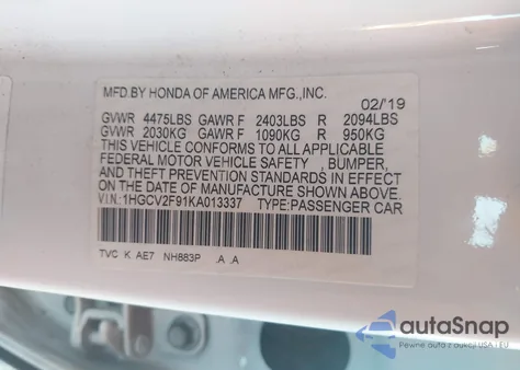 2019 Honda Accord Touring 2.0T from USA, damaged, VIN 1HGCV2F91KA013337